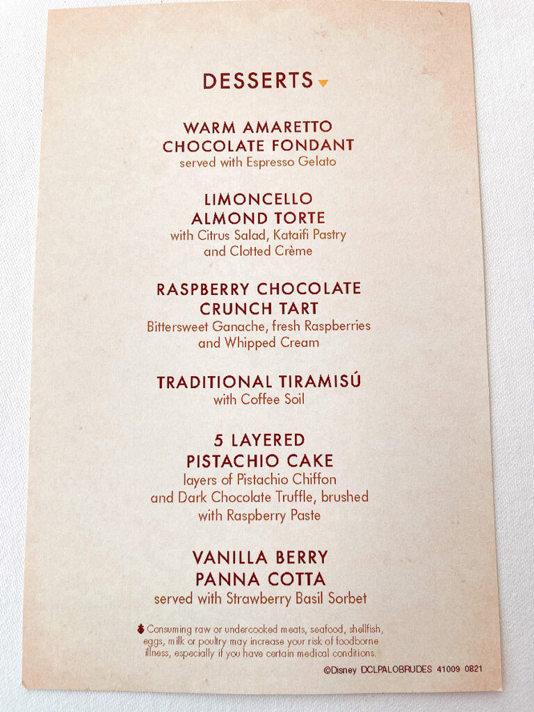 Palo Dessert Menu from Disney Cruise Line.