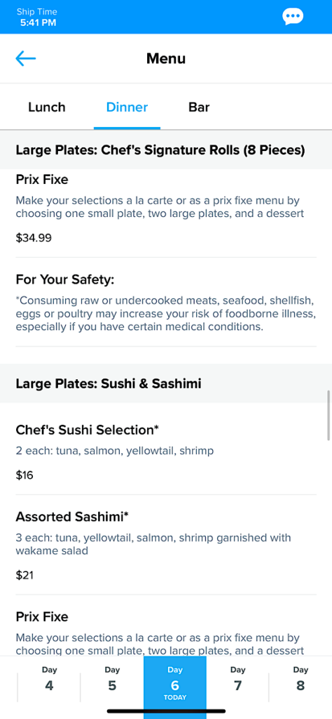 Royal Caribbean Izumi Sushi Menu.