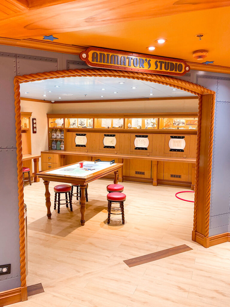A room with drawing supplies in the Oceaneer Lab on the Disney Magic.