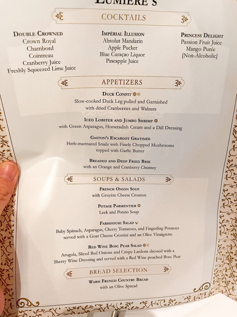 Menu for Lumiere's on the Disney Magic.