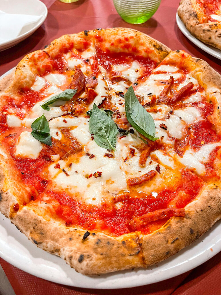 Pizza from a restaurant in Naples, Italy.