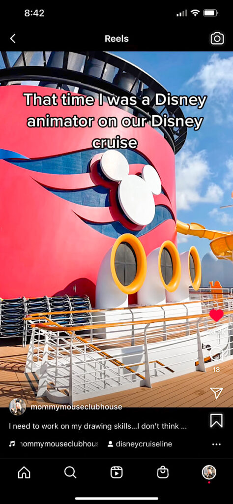 Instagram Reel cover image with a picture of the funnel on the Disney Magic.