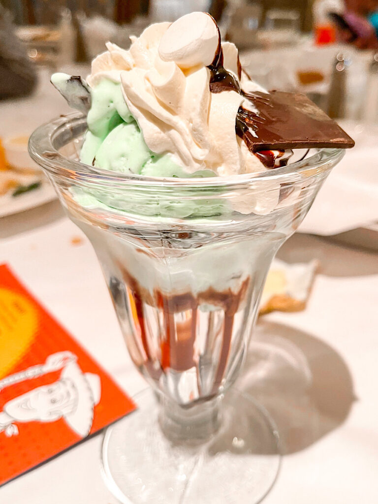 Mint ice cream sundae from Lumiere's.