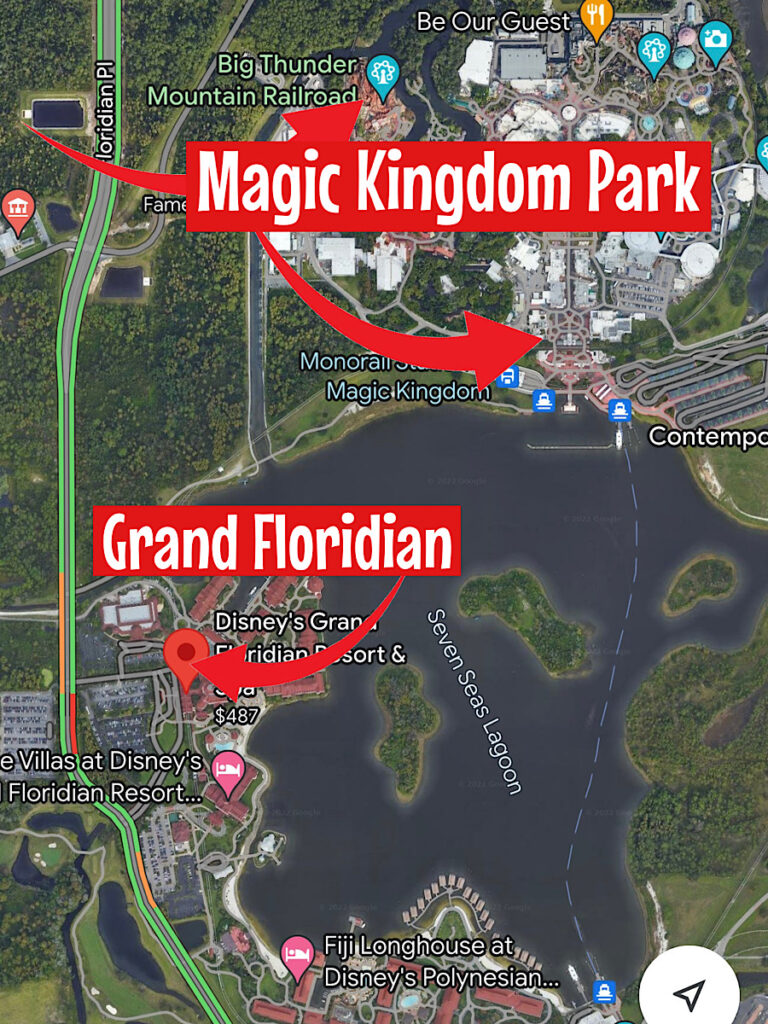 A map showing the proximity of Disney's Grand Floridian Resort to Magic Kingdom Park.