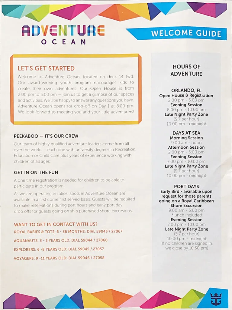 A schedule from the kids club Adventure Ocean on Royal Caribbean Cruise Ships.