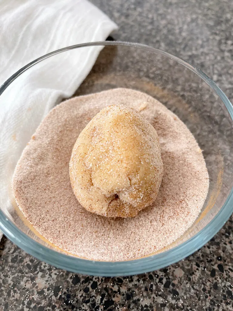 A ball of snickerdoodle cookie dough in a bowl of cinnamon sugar.