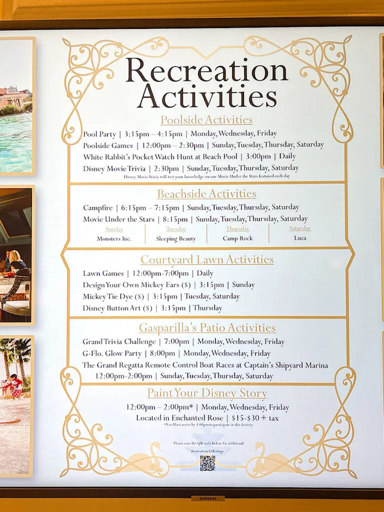 List of Recreational Activities at Grand Floridian Resort.