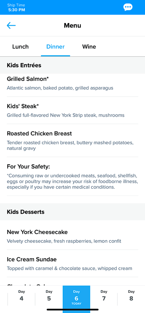 Royal Caribbean Chop's Grille Menu.