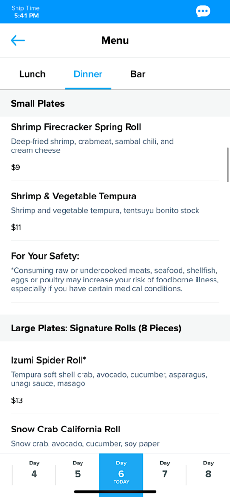 Royal Caribbean Izumi Sushi Menu.