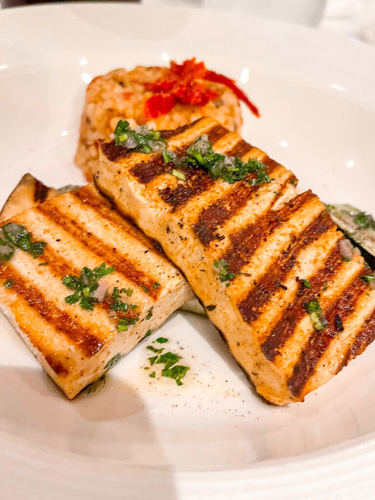 Grilled Marinated Tofu with Roasted Zucchini, Eggplant and Red Peppers