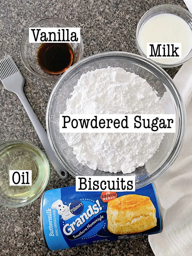 Ingredients to make air fryer donuts recipe and glaze.