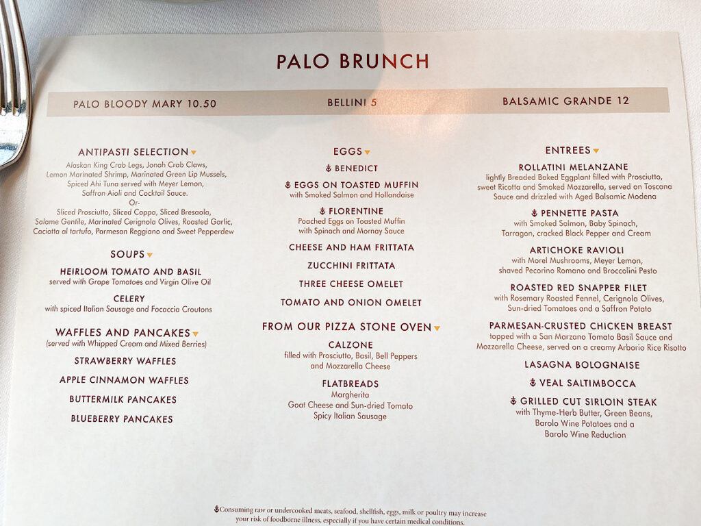 Palo Brunch Menu from the Disney Magic.