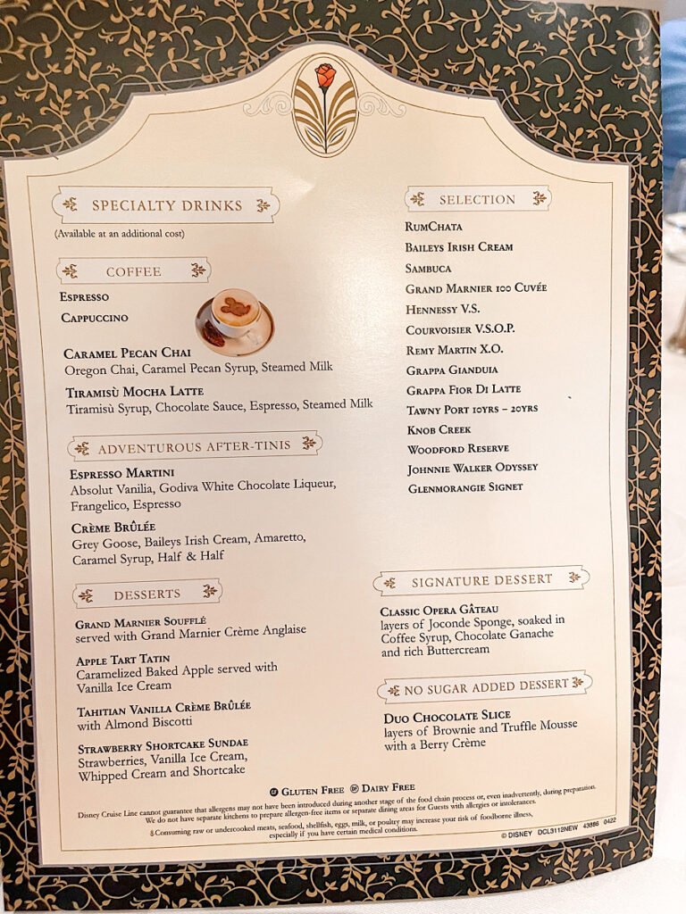 Menu for Lumiere's on the Disney Magic.