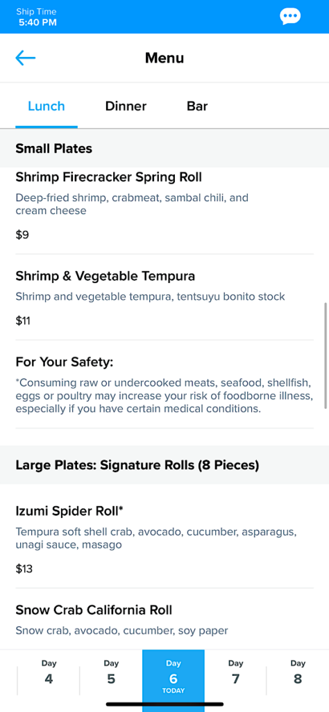 Royal Caribbean Izumi Sushi Menu.