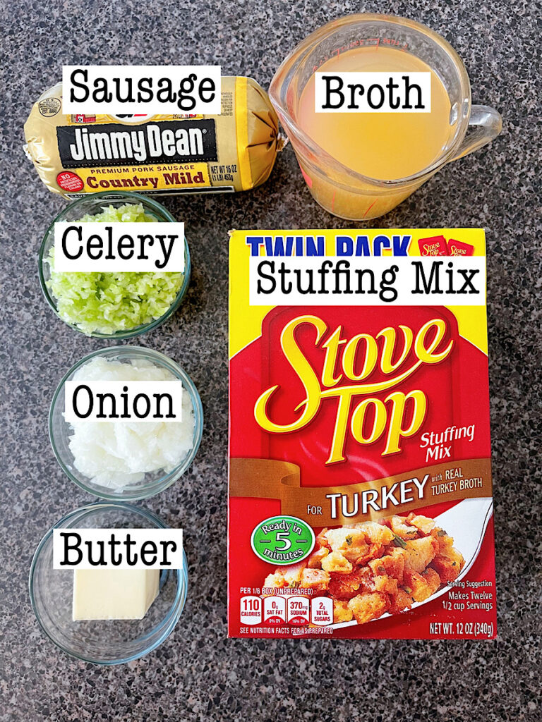 Ingredients for Stove Top stuffing recipe with sausage.