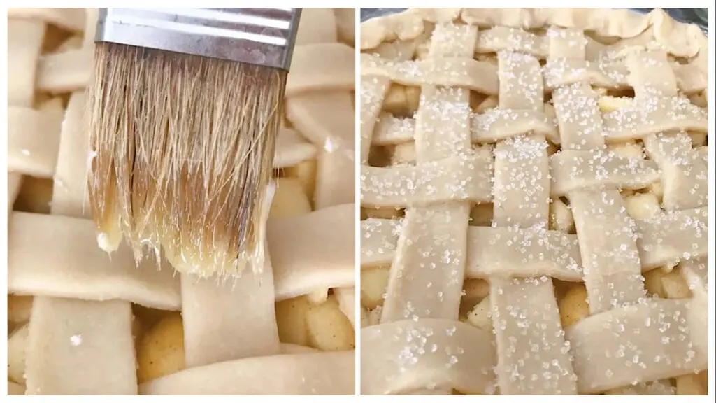A collage with two pictures. First picture is a pastry brush spreading butter on pie crust. Second picture is pie crust with sparkling sugar.