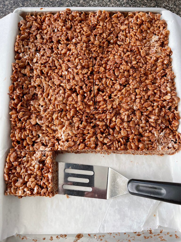 A pan full of chocolate rice crispy treats.