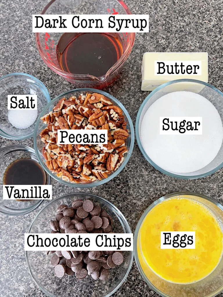 Ingredients for Chocolate Pecan Pie filling.