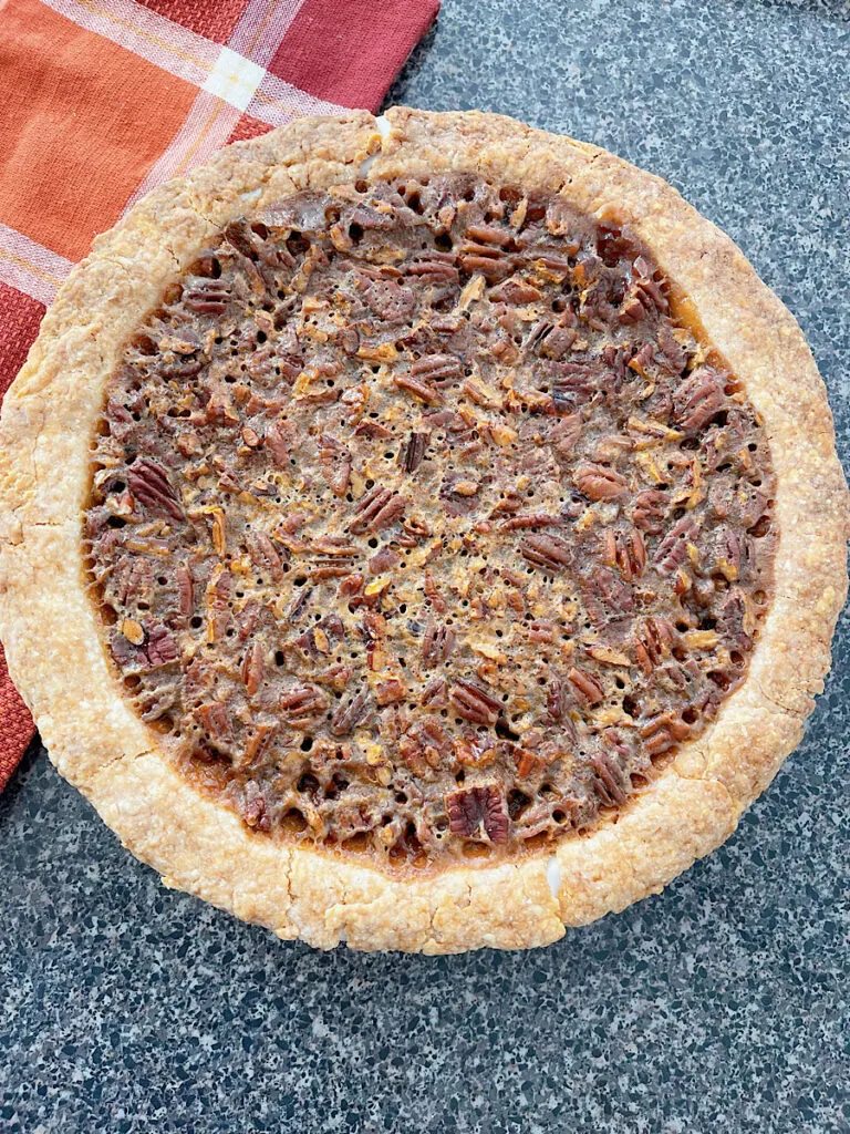 A baked chocolate pecan pie.