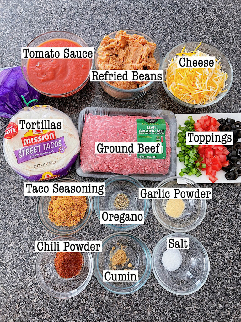 Ingredients to make Taco Bell Mexican Pizzas.