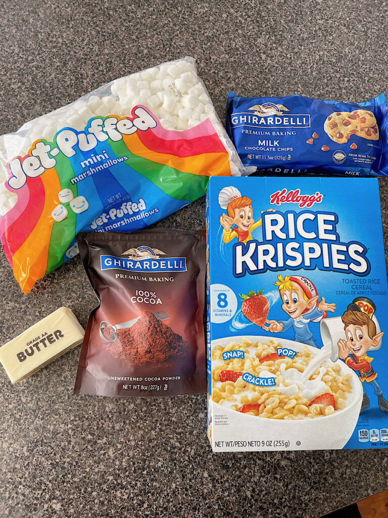 Ingredients to make chocolate rice crispy treats.