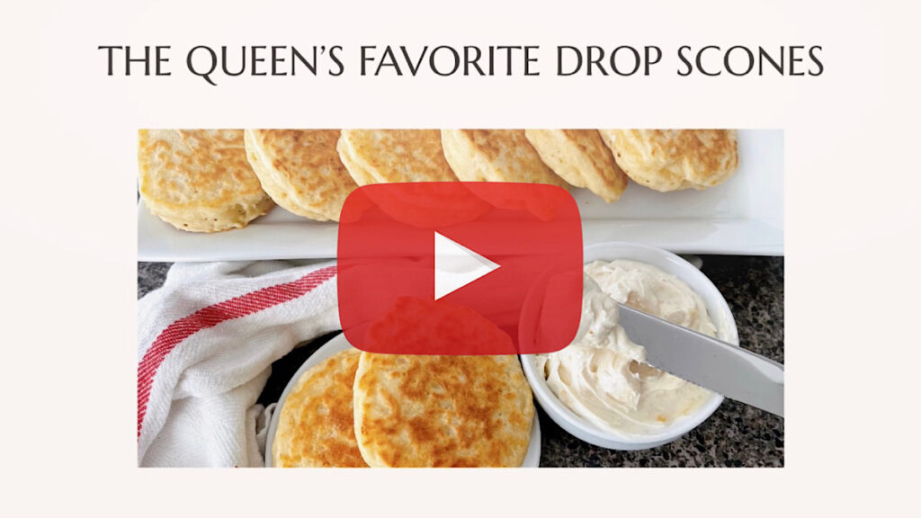 The Queen's Favorite Drop Scones Recipe with a red play button.