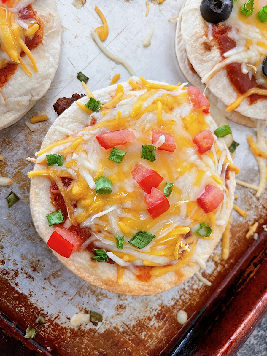 Homemade Mexican Pizzas on a baking sheet.