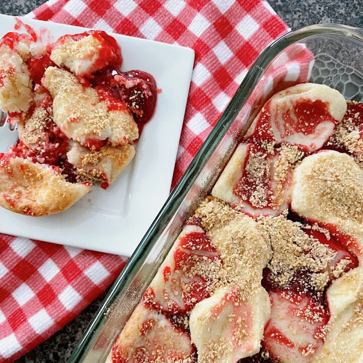A pan of sugar cookie strawberry dump cake.