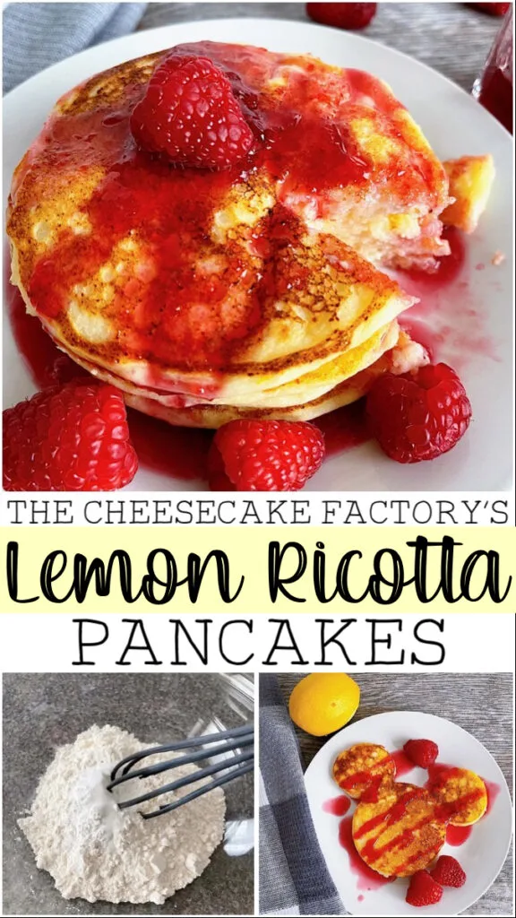 Lemon Ricotta Pancakes on a plate with raspberries and raspberry syrup.