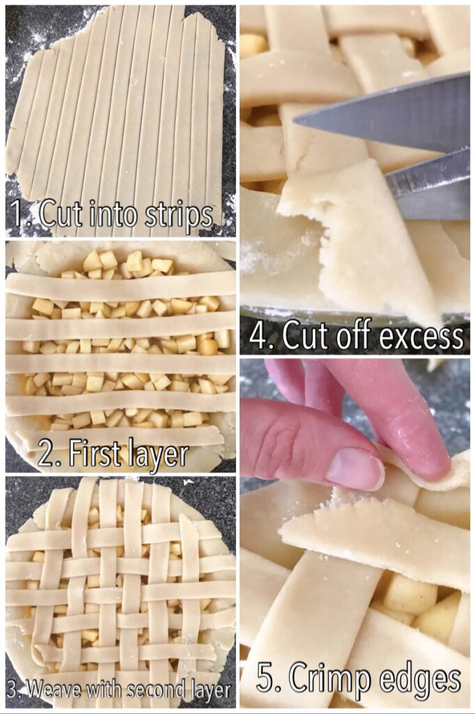 Step by step images showing how to make a lattice pie crust.