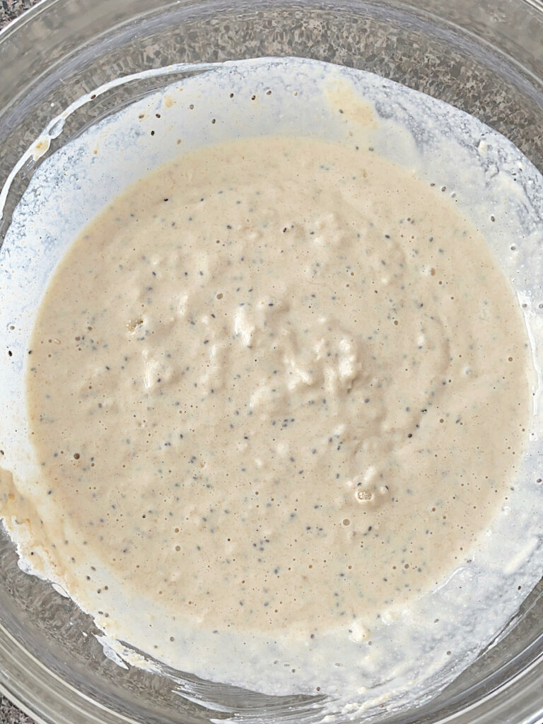 Kodiak Protein Waffle batter in a clear bowl.