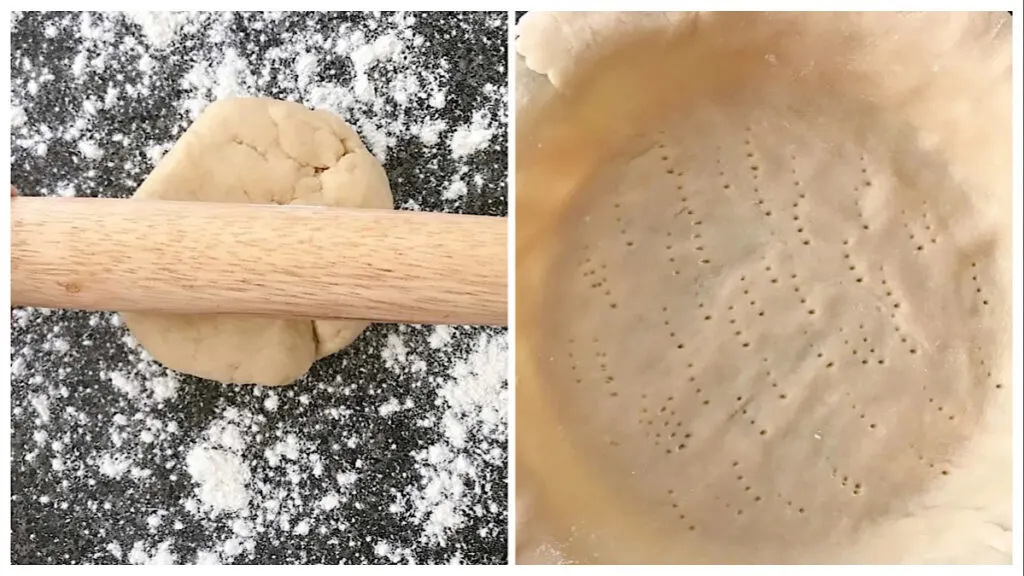 Two pictures in a collage. First picture is pie dough and a rolling pin. Second picture is pie crust in a pie dish.