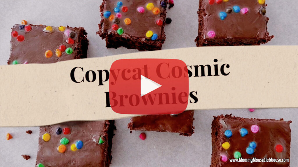 Copycat Cosmic Brownies with a YouTube play button overlay.