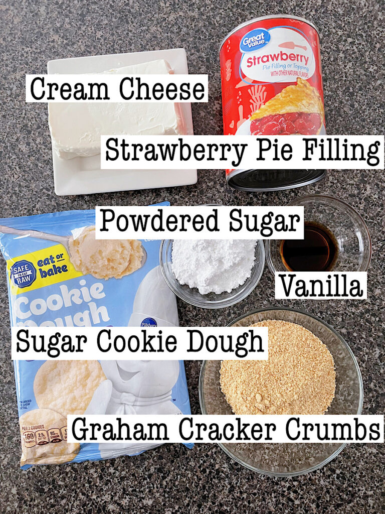 Ingredients for sugar cookie strawberry dump cake.