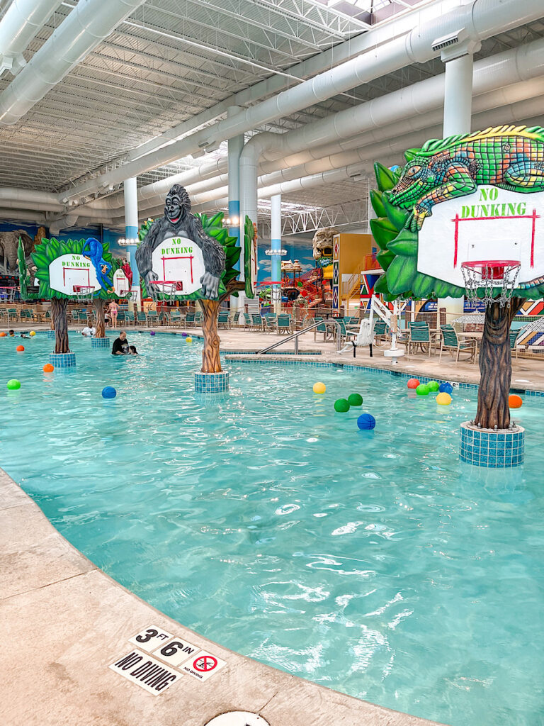 Basketball hoops and floating basketballs in a pool at Kalahari Texas.