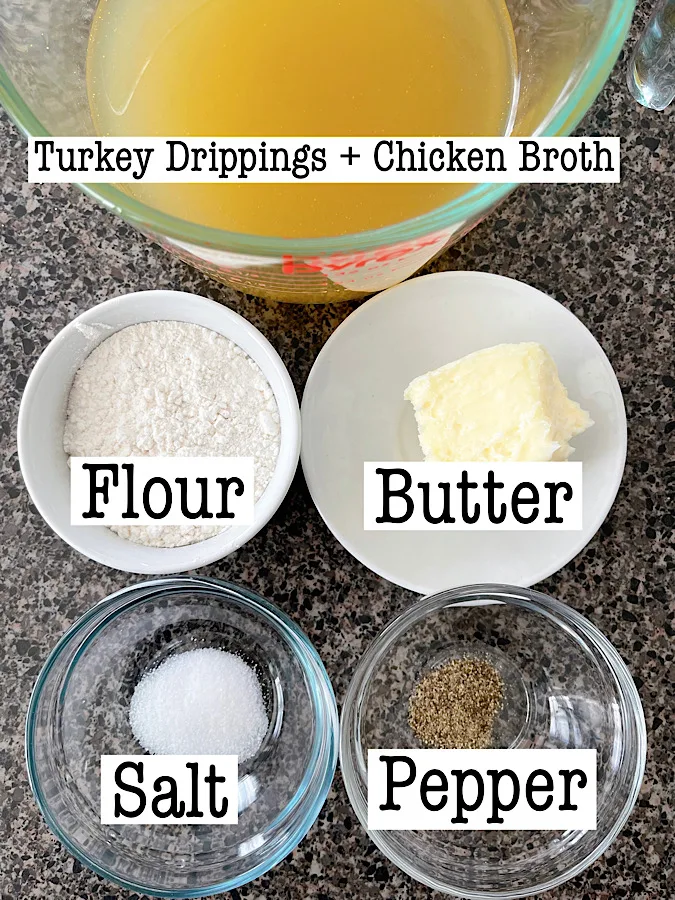 Ingredients to make Thanksgiving gravy for turkey.