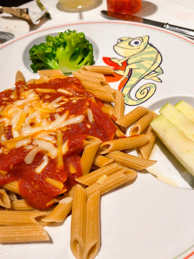 Kids Menu Pasta: Penne pasta with marinara sauce and topped with parmesan cheese from Rapunzel's Royal Table on the Disney Magic.