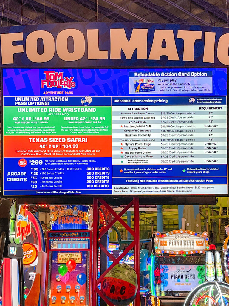 A list of prices for Tom Foolery's amusement park at Kalahari Resort in Texas.