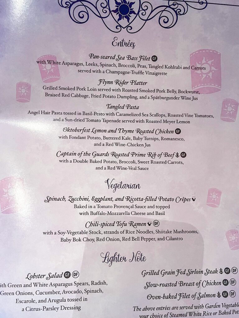 Rapunzel's Royal Table Menu from night two.
