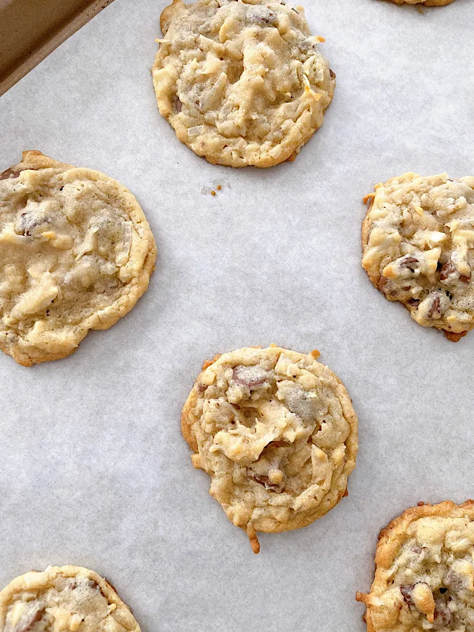 Almond Joy cookies on a baking sheet.