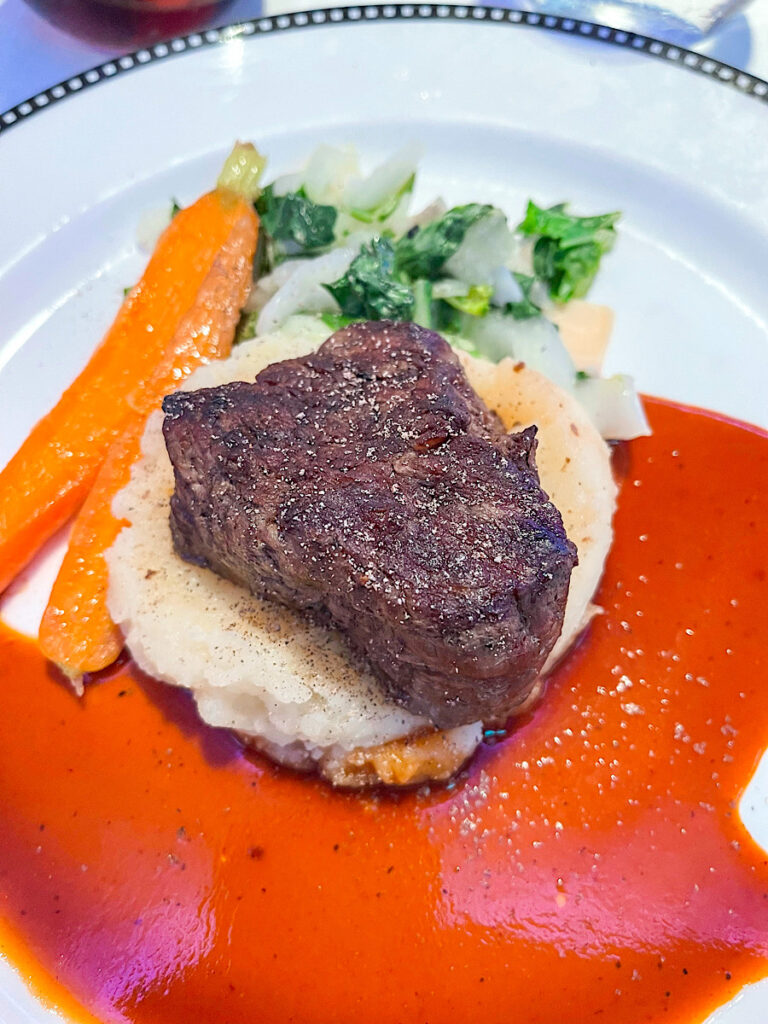 The Ginger Teriyaki dusted Angus Beef Tenderloin- Served with Wasabi Mashed Potatoes, Bok Choy and a Tamarind-Barbecue Reduction from Animator's Palate on the Disney Magic.