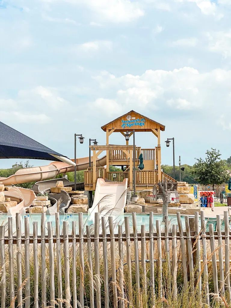 Savannah Springs - An outdoor swimming area with slides and a water playground at Kalahari Resort in Texas.