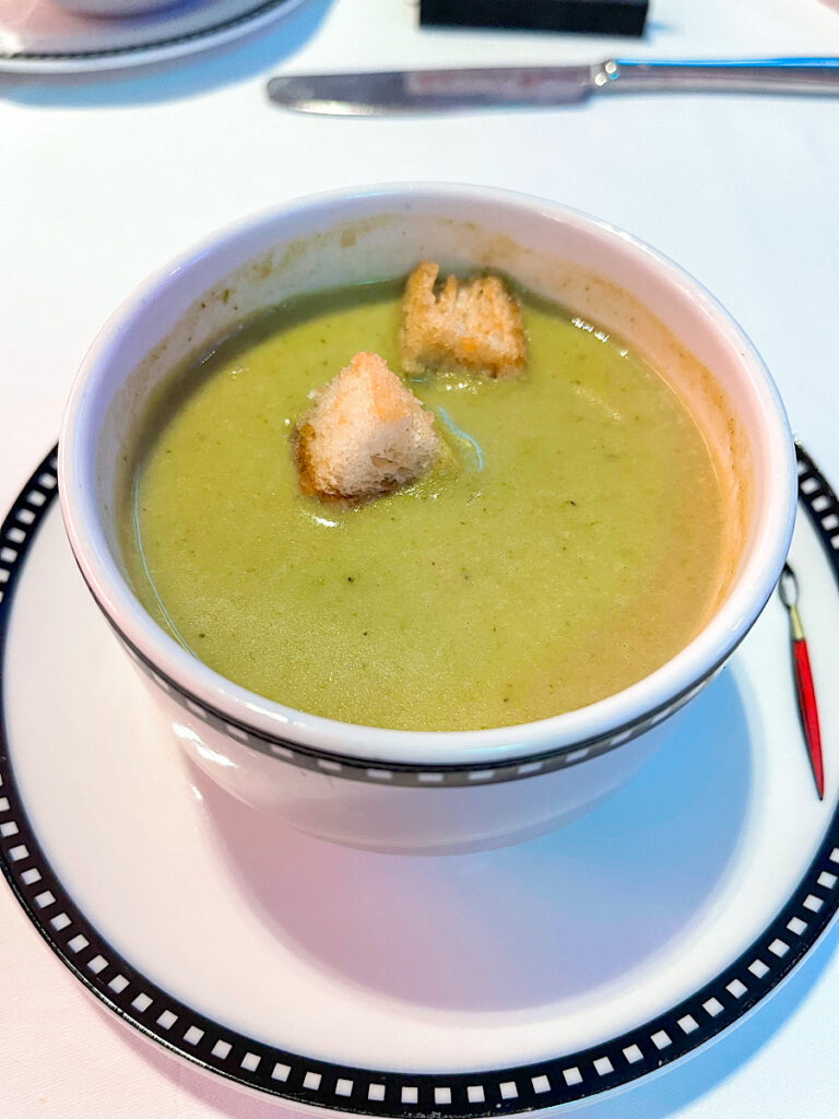 White Cheddar and Broccolini Soup: with toasted Baguette Croutons from Animator's Palate on the Disney Magic.