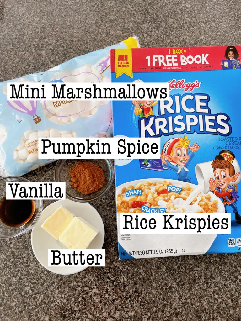 Ingredients to make Pumpkin Rice Krispie Treats.