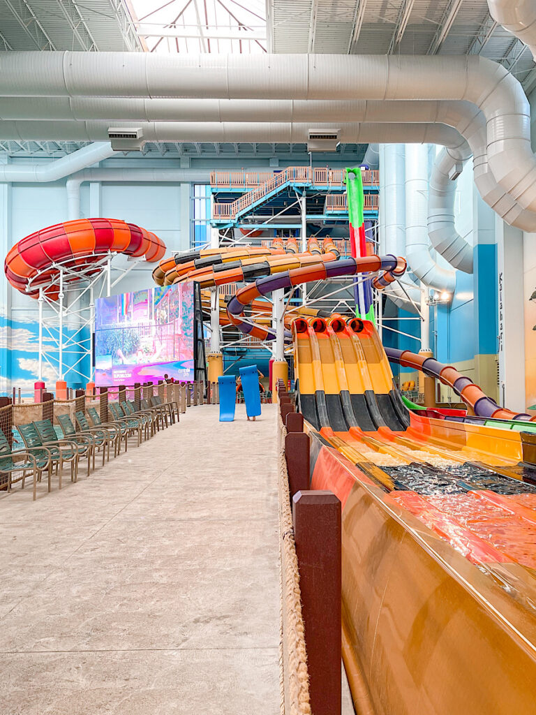 Racing slides at the indoor water park at Kalahari Texas.