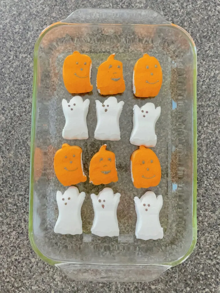 Halloween Peeps in a baking dish.