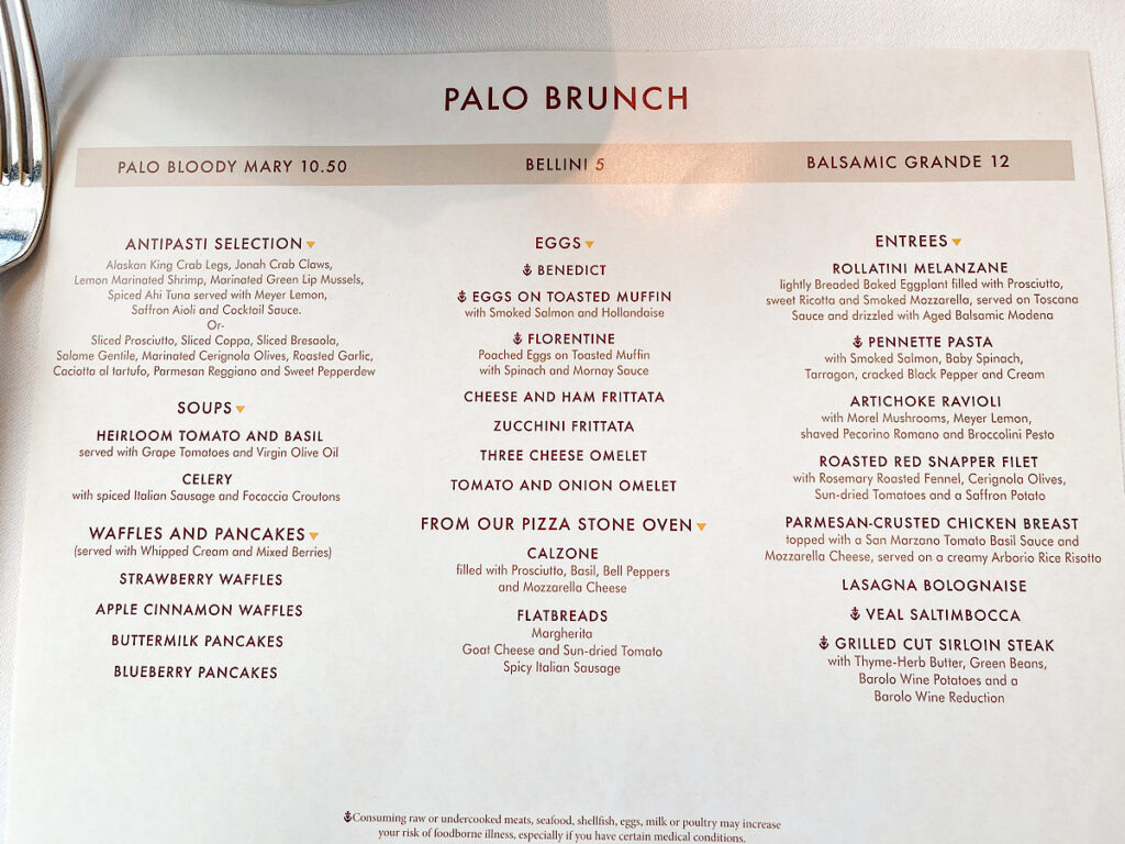 Brunch menu from Palo on the Disney Magic.