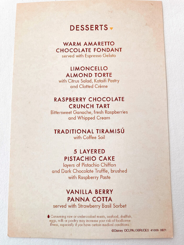 Dessert menu from Palo on the Disney Magic.