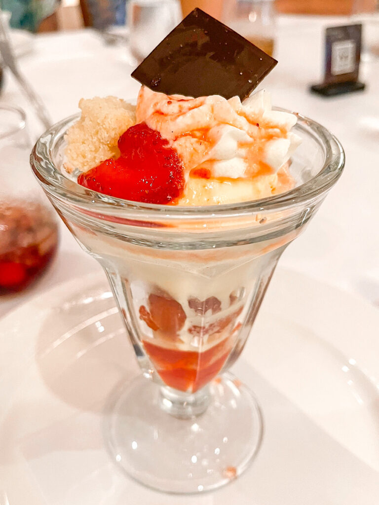 Strawberry Shortcake Sundae: Strawberries, Vanilla Ice Cream, Whipped Cream and Shortcake from Lumiere's on the Disney Magic.