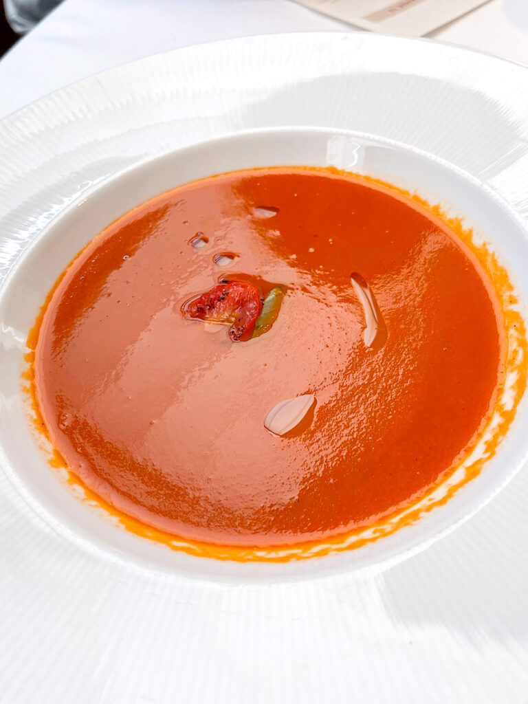 Heirloom Tomato and Basil Soup: served with Grape Tomatoes and Virgin Olive Oil from Palo on the Disney Magic.
